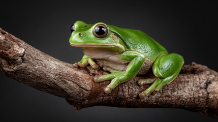 Naklejka premium Green Frog Sitting on Branch with Dark Background in Focus