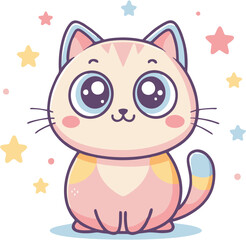 Fototapeta premium Cute cartoon cat with big eyes and pastel colors, surrounded by stars.