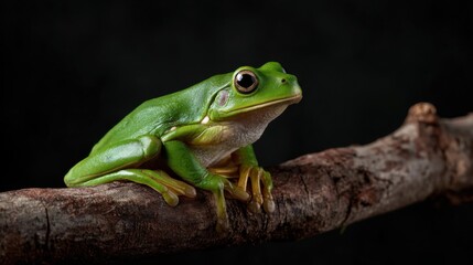 Obraz premium Green Frog Sitting on Branch with Dark Background and Texture
