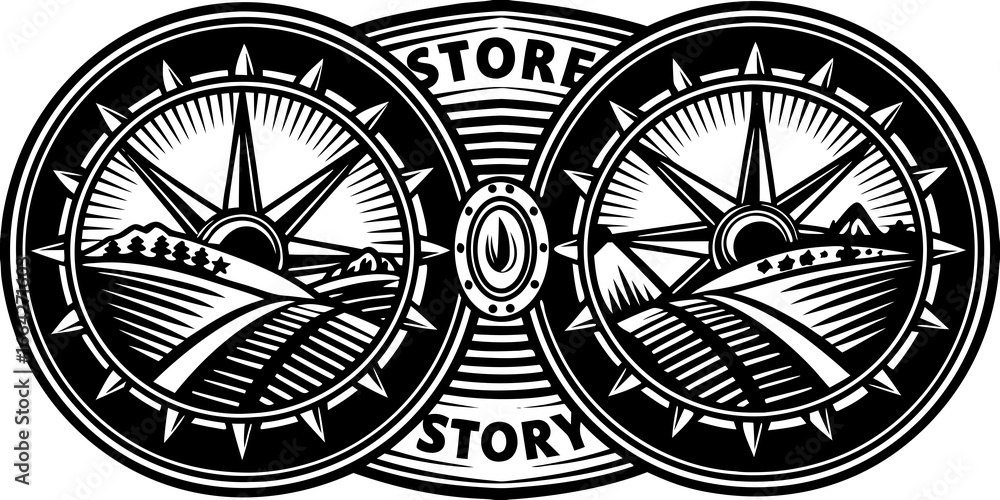 Poster two compass roses with landscape and sunburst design connected by a central element with store story