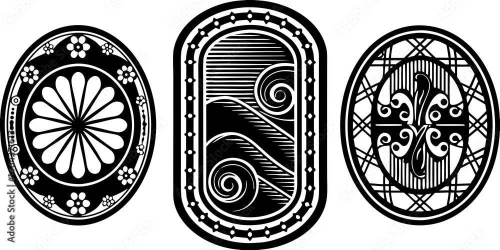 Poster three decorative oval designs with floral wave and abstract patterns in black and white color scheme