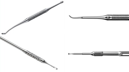 Three metallic dental tools with textured handles and varying curved tips are displayed against a stark white backdrop, showcasing their precision and functionality