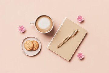 Morning Coffee Setup with Notebook on a Pale Pink Background
