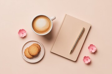 Morning Coffee Setup with Notebook on a Pale Pink Background