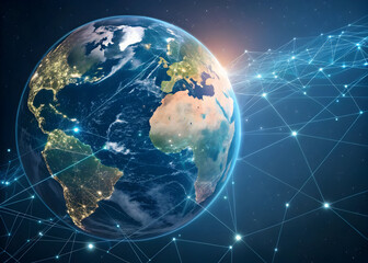 Fototapeta premium Detailed Earth Globe at Night Illuminated City Lights Glowing Data Network Connections Global Communication Technology Concept