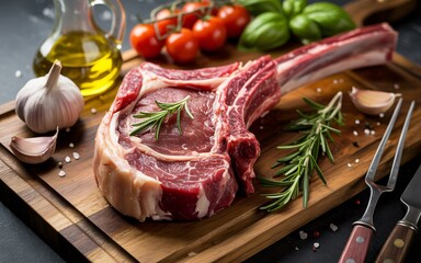 A raw Tomahawk steak is presented on a wooden cutting board, garnished with fresh rosemary and whole garlic cloves.