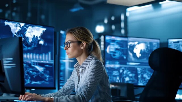 Cybersecurity analyst modern control room monitoring global data, network security threats, and computer systems with digital visualizations