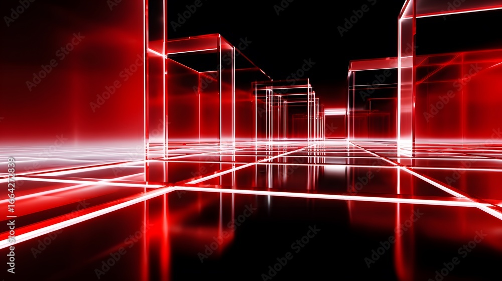 Poster red neon grid structures in a dark reflective space