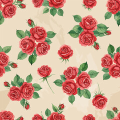 Seamless Pattern, Seamless pattern of red roses and green leaves on a vintage beige background Stock royalty free.