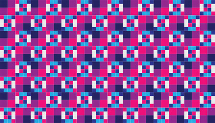 colorful geometric checkered design with purple, blue, pink, and white as the dominant colors
