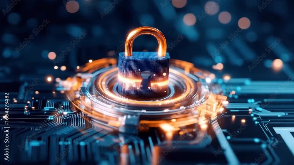 Poster cybersecurity padlock on digital circuit board for data protection, advanced technology, encryption,