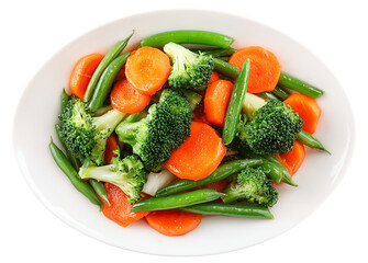 Fresh Mixed Vegetables with Broccoli, Carrots, and Green Beans on White Plate Isolated on Transparent Background