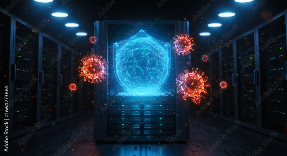 Aufkleber futuristic cybersecurity concept showing a glowing blue shield protecting a server rack from a malic