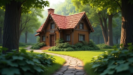 A charming wooden cottage nestled within a sunlit forest, showcasing a tranquil and idyllic setting.