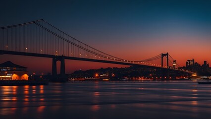 Obraz premium Silhouetted suspension bridge at dusk with city lights
