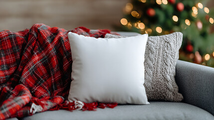 Cozy holiday living room scene with red plaid blanket and white and gray knitted pillows on a sofa in front of a decorated Christmas tree