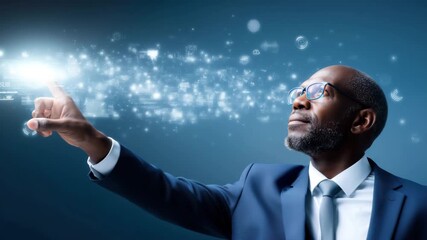Businessman Touching Digital Interface with Futuristic Technology Innovation, Confidence, Professional Attitude, Blue Background, Virtual Digital - Powered by Adobe