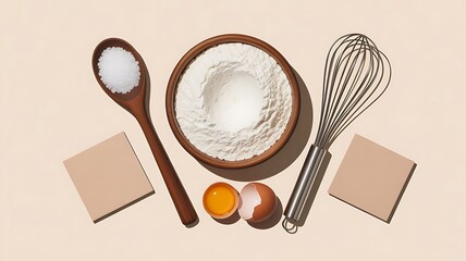 Cooking Ingredients with Wooden Utensils on a Beige Background