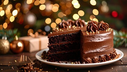 A rich chocolate cake with decadent frosting and festive gold sprinkles, perfect for a holiday celebration.