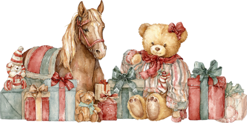 Nostalgic Christmas illustration with teddy bear, toy horse, and gifts