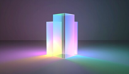 Stacked 3D prisms with translucent edges, illuminated by soft ambient light on a dark background