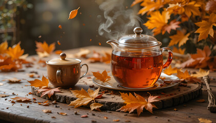 Autumnal tea time with falling leaves and steaming teapot, capturing cozy vibes and seasonal warmth