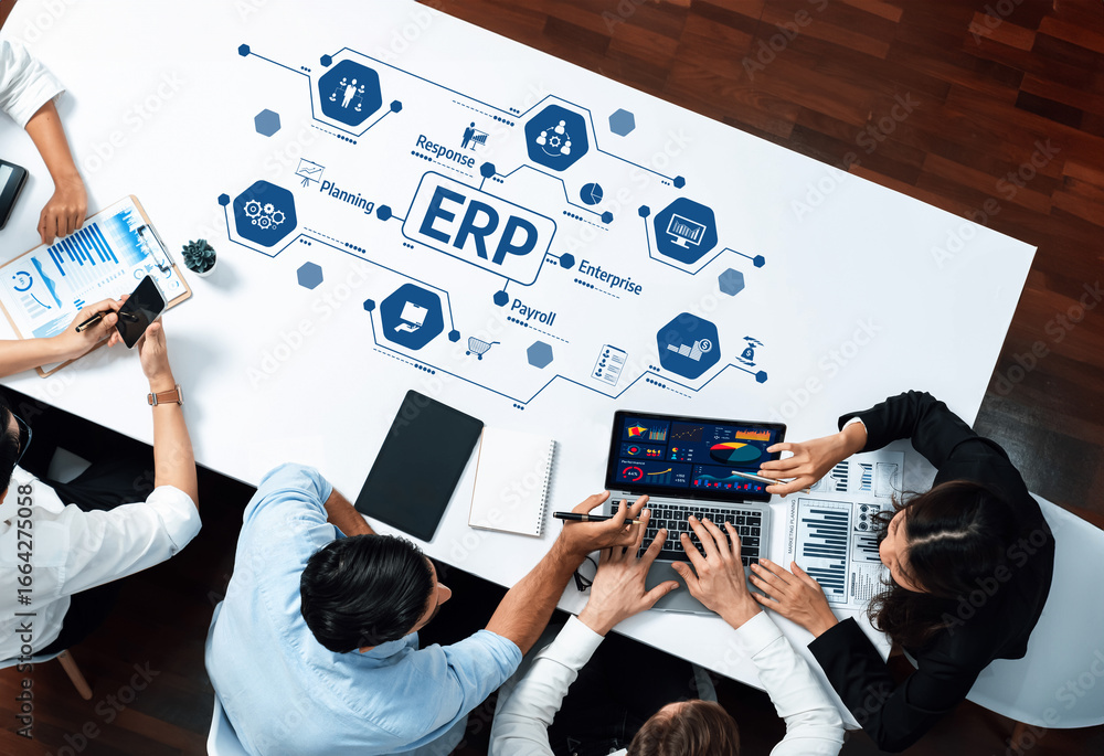 Poster a dynamic team engages in a business meeting focused on enterprise resource planning, showcasing cha