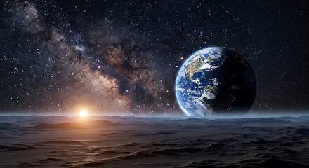Earth seen from another planet, sunrise over milky way