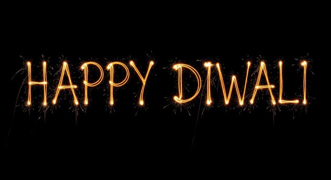 Glowing Happy Diwali text made with sparkling firework light effect on black background, festive greeting design for Indian festival of lights celebration