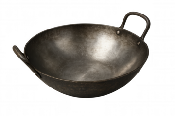 Traditional round-bottomed carbon steel wok pan with two handles, isolated on transparent background, ideal for stir-frying
