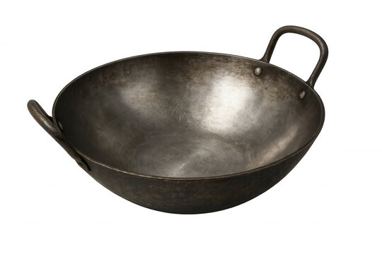 Traditional round-bottomed carbon steel wok pan with two handles, isolated on transparent background, ideal for stir-frying