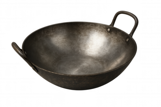 Traditional round-bottomed carbon steel wok pan with two handles, isolated on transparent background, ideal for stir-frying