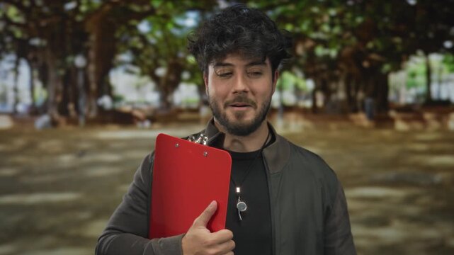 Young man with beard and red clipboard stands in a sunny green park outdoors with trees, looking thoughtful.