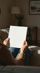 Naklejka premium A person sits holding a blank white sheet Natural light