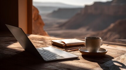 Laptop and coffee cup on wooden table with canyon view in background for remote work inspiration