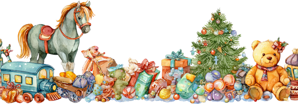 Joyful watercolor Christmas border with toy, gift, and present