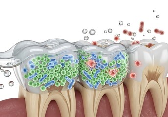 3D Render: Oral Bacteria Removal, Tooth Cleaning, Microscopic View, Healthy Gums, Clean Teeth, Scientific Illustration.