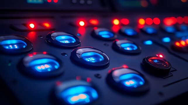 Futuristic Control Panel Glowing Blue Red Lights with Abstract Tech Design.