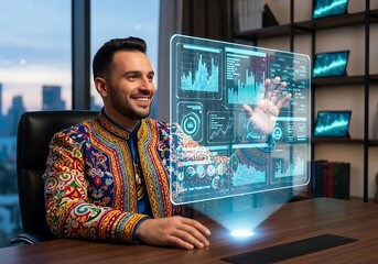 Man interacting with holographic display in office