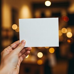 A hand holds a blank white card against a backdrop of blurred warm lights potentially indoors