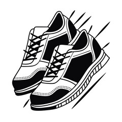 Vector illustration of a pair of running shoes in black and white, with speed lines.

