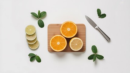 Citrus Fruits with Cutting Board on a White Background