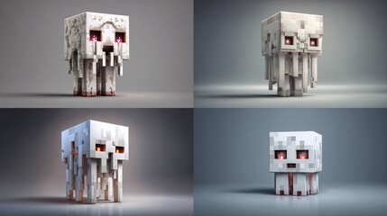 Four 3D renderings of a blocky, skeletal creature, variations in lighting and dripping substance, showcasing a pixelated, ghostly design against a neutral background