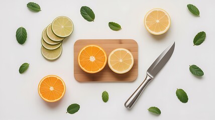 Citrus Fruits with Cutting Board on a White Background