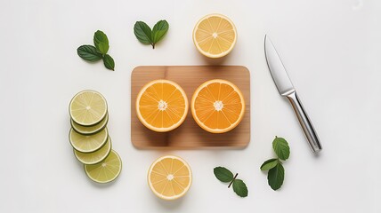 Citrus Fruits with Cutting Board on a White Background