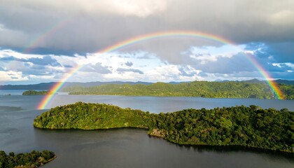 A vibrant double rainbow arches over a tranquil lake, showcasing lush green islands and a serene atmosphere.