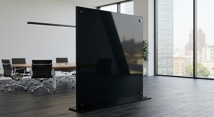 Office partition stands in modern meeting room near conference table and large windows