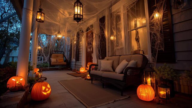 Spooky halloween decor display cozy home porch decorative content autumn evening front view festive atmosphere