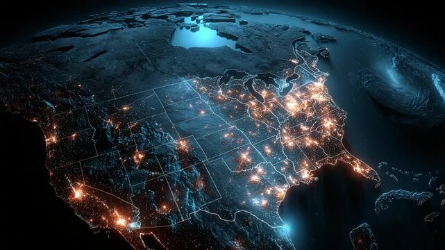 A night-time depiction of a lit North American landmass from space with a dark environment