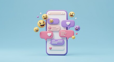 Smartphone with chat bubbles and emoji characters floating for communication app design and social media marketing campaign featuring modern digital messaging platform
